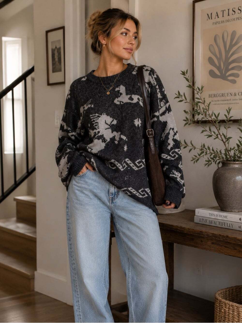 Vintage jacquard Pegasus sweater, bold/90s /maximalist/ cozy unisex (XL)
